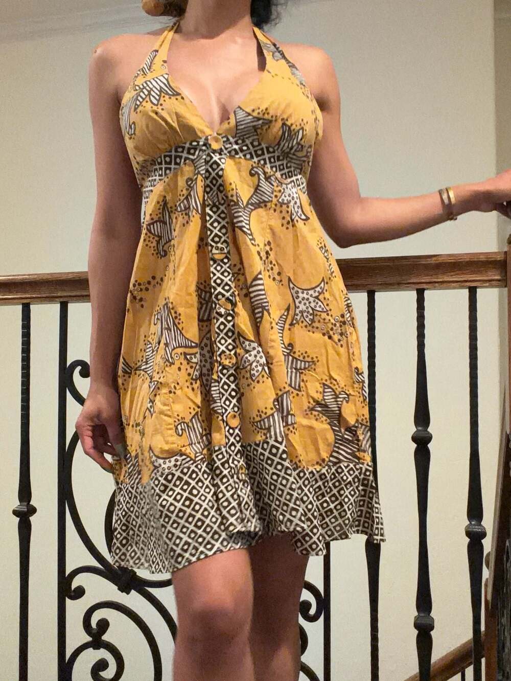 Crystal Candy 100% Cotton Yellow and Brown Star Pattern Halter Mini Dress